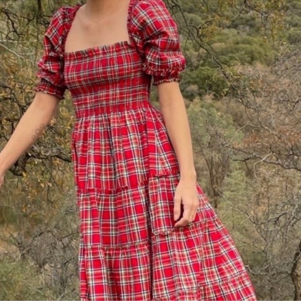 Hill House Red Plaid Tiered Midi Dress